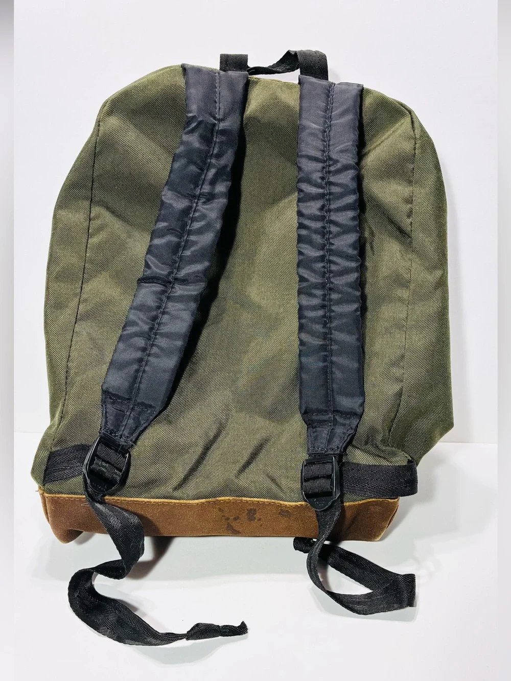 VTG 90s Eastpak USA MADE Leather Bottom 17” Backpack Olive Green Canvas Unisex